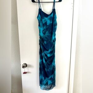 Blue Teal Floral-Print Slip Dress